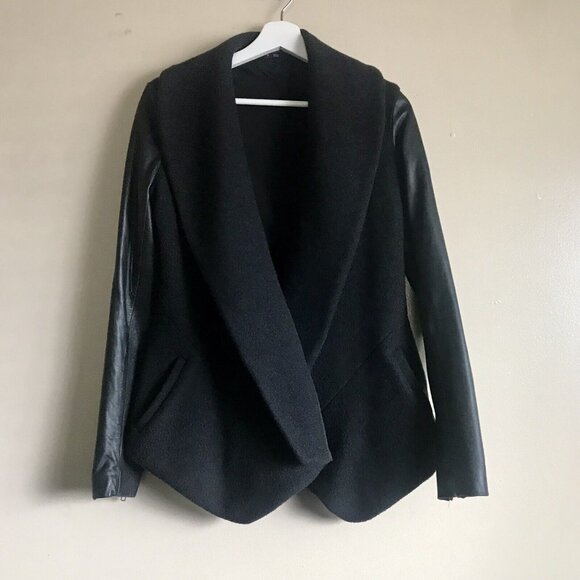 Theory Black Wool Cashmere Blend Open Blazer Jacket Lambskin Sleeves Size Petite - Picture 2 of 6
